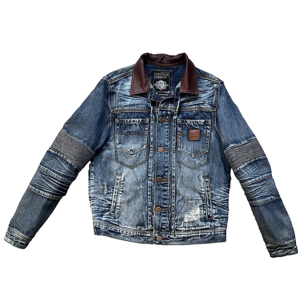 Heritage America Mens Medium Distressed Denim Jacket Leather Collar Flannel